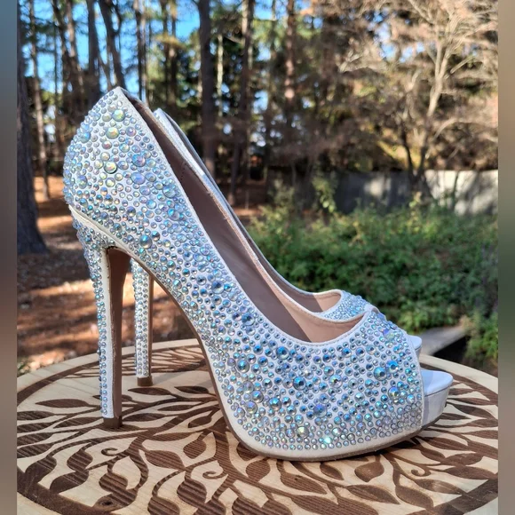 Lauren Lorraine Rhinestone Studded Stiletto Heel Peep Toe Sandals Size 8 - Picture 8 of 8